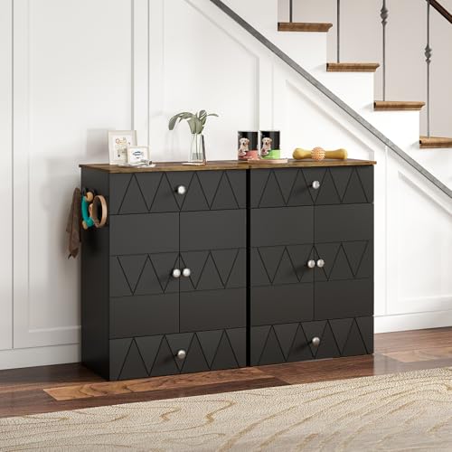 Pet Feeding Station with Storage, Raised Dog Bowls, Pet Feeder Cabinet, with Adjustable Shelves, Rolling Drawer, Hooks, for Feeding & Watering Supplies (Black) - color: Black