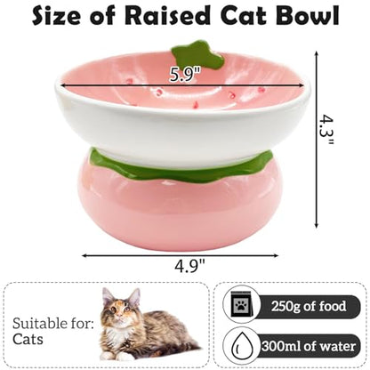 Hamiledyi Ceramic Raised Cat Bowls 15° Tilted Elevated Kitten Food Water Bowl Shallow Whisker Fatigue Kitty Dish Fruit Pet Feeding Bowls Feeder for Indoor Cats Small Dog (Pink Strawberry)