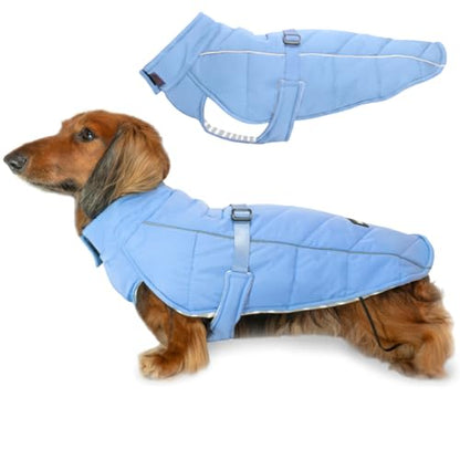DJANGO Insulated Puffer Dog Jacket with Harness Hole – Warm, Water-Repellent Winter Dog Coat for Small Dogs, Dachshunds, Puppies – Adjustable, Reflective Cold Weather Dog Apparel – Dusk Blue, Small - color: Dusk Blue, size: Small