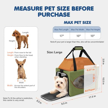 Lekereise Top-Expandable Pet Carrier 18x11x11Inch Delta American United Airline Approved Underseat to 15lbs Stable Car Travel Carriers for Small Dogs Cats with Locking Safety Zippers Anti-Scratch Mesh - color: Dark Green, size: 18"x11"x11"