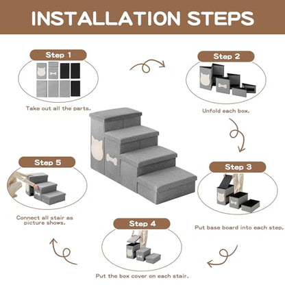 4-Step Wider Dog Steps for Bed 22" H, Foldable Dog Stairs with Storage, Non-Slip Pet Steps for Small Medium Large Dogs, Arthritis-Friendly Pet Stairs for Couch and Car Up to 200 lbs, Grey - size: 4-Step