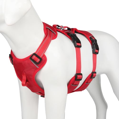 Red No-Pull Dog Harness, Reflective Padded Design for Small/Medium/Large Dogs, Adjustable & Escape-Proof Dog Vest.M:33-61 lbs (Chest:18-25",Neck:17-21") - color: Red, size: M:33-61 lbs (Chest:18-25",Neck:17-21")