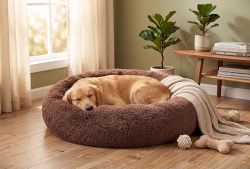 SAVFOX 36 inches Calming Donut Dog Bed - 3X Durable Plush Faux Fur, Machine Washable & Non-Slip, Fits up to 100 lbs, Brown - color: Brown, size: Large | 36"x36"