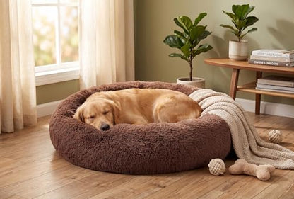 SAVFOX 36 inches Calming Donut Dog Bed - 3X Durable Plush Faux Fur, Machine Washable & Non-Slip, Fits up to 100 lbs, Brown - color: Brown, size: Large | 36"x36"