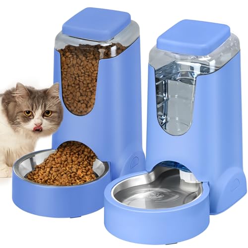 HWONMTE Portable Automatic Cat Feeder and Water Dispenser with Stainless Steel Bowl Dog Gravity Food Feeder and Waterer for Small Medium Pets Puppy Kitten 1 Gallon x 2 (Sapphire Blue) - color: Sapphire Blue
