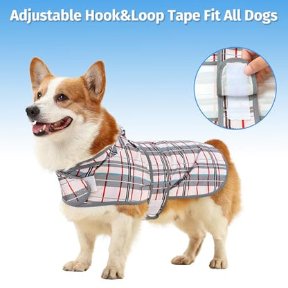 Dog Raincoat for Large Dogs Waterproof Jacket Hooded Rain Coats with Reflective Strips Leash Hole & Poncho Adjustable Fit (Plaid,L) - color: Khaki Plaid, size: Large