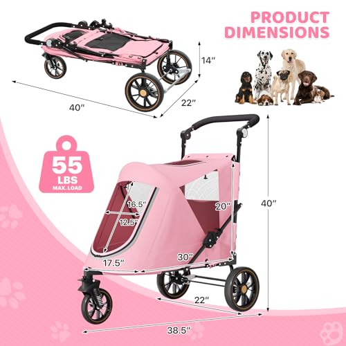 Magshion Pet Stroller for Medium Dogs w/Adjustable Handle, 3-Wheel Dog Cat Wagon w/Dual Entry, Rear Storage, Breathable Mesh, One-Foot Brake, Ideal for Large Pets up to 55 lbs, Pink - color: Pink, style: Up to 55 lbs