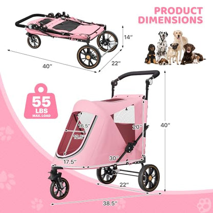 Magshion Pet Stroller for Medium Dogs w/Adjustable Handle, 3-Wheel Dog Cat Wagon w/Dual Entry, Rear Storage, Breathable Mesh, One-Foot Brake, Ideal for Large Pets up to 55 lbs, Pink - color: Pink, style: Up to 55 lbs