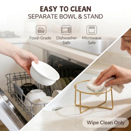 White Small Ceramic Tilted Elevated Cat Dog Bowl Raised Cat Food Water Bowl Dish Pet Comfort Feeding Bowls with Gold Iron Stand - color: White, size: Small