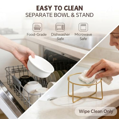 White Small Ceramic Tilted Elevated Cat Dog Bowl Raised Cat Food Water Bowl Dish Pet Comfort Feeding Bowls with Gold Iron Stand - color: White, size: Small