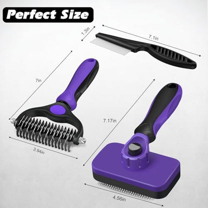 Professional 3PCS Self Cleaning Slicker Brush & Pet Grooming Rake & Flea Comb for Dogs,Cats and Horses | Double-Sided Dematting Comb & Skin Friendly Deshedding Grooming Tool | Pet Supplies - color: Purple