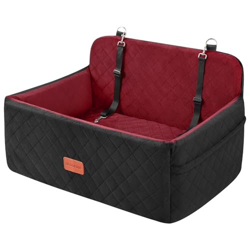 HEGGCOOE Dog Car Seat for Medium/Large Dogs, Pet Booster Seat for Under 55 lbs or 2 Small Dogs, Detachable & Washable Dog Car Bed for Backseat with 2 Safety Leashes (Blcak/red) - color: Blcak/red