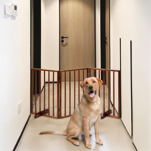 3-Panel Dog Gate for Stairs, Pet Gate Indoor, 24" Height Dog Fence with 2 Support Feet, Foldable & Well-Ventilated, No Assembly Required, Wood Stair Gates for Small to Medium-Sized Pet Breeds, Brown - size: 3-panel
