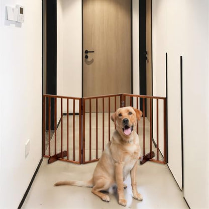 3-Panel Dog Gate for Stairs, Pet Gate Indoor, 24" Height Dog Fence with 2 Support Feet, Foldable & Well-Ventilated, No Assembly Required, Wood Stair Gates for Small to Medium-Sized Pet Breeds, Brown - size: 3-panel