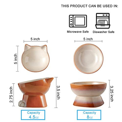 Nihow Elevated Cat Bowls,5 Inch Ceramic Raised Cat Food and Water Bowl Set | Slanted,Whisker Friendly,for Protecting Pet's Spine,Microwave & Dishwasher Safe ,Elegant Brown 4.5 OZ, Set of 2 - color: Brown, size: 4.5 OZ+8 OZ