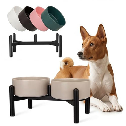 Raised Ceramic Dog Bowl Set - Elevated Double Dishes with Stainless Steel Stand - Food and Water Bowls for Small to Medium Dogs - Each Holds 3.5 Cups (29.57 fl oz) - Grey - color: Light Gray, size: 2 Bowls - 3.5 Cups Each