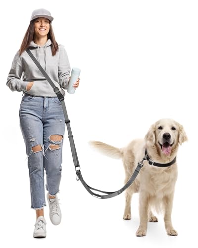 Hands Free Dog Leash & Car Seatbelt, 5.9-9.5ft Crossbody Dog Belt with Dual Soft Handles, Shock-Absorbing, 360° Clip, Reflective Design for Walking, Running, Hiking, Travel. (Grey) - color: Grey, size: Large-5.9-9.5ft