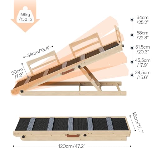 HOOBRO Dog Ramp for Bed, 47.2" Long Foldable Pet Ramp with Non-Slip Mat and Side Rails, Wooden Dog Ramp for High Beds, Couch and Car, 5 Height Adjustable from 15.6" to 25.2", Natural, NB42PT03 - size: 47.2"L x 17.7"W x 3.7"H