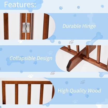 24" Tall Freestanding Pet Gate 4-Panel Wooden Dog Fence with 2 Support Feet, Wooden Folding Dog Barrier for Indoor, Stairs, Doorways, Halls, Kitchen No Assembly Required (Brown) - size: 24in Brown