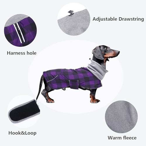 Dachshund Coats Waterproof Suitable for Dachshunds Sausage Weiner Dog Winter Coat Padded Fleece Puppy Snowsuit with Adjustable Bands Reflective Stripe - Plaid Purple - M - color: Plaid Purple, size: Medium