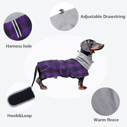 Dachshund Coats Waterproof Suitable for Dachshunds Sausage Weiner Dog Winter Coat Padded Fleece Puppy Snowsuit with Adjustable Bands Reflective Stripe - Plaid Purple - M - color: Plaid Purple, size: Medium