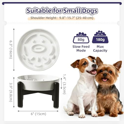 Elevated Slow Feeder Dog Bowl, 0.8 Cups Ceramic Raised Slow Feeder with Stainless Stand, 6.3 Inch Wide Lifted Dog Bowl for Small Breeds to Control Eating Speed, White - color: White, size: Small with Stand