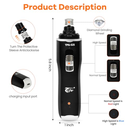 Tife Dog Nail Grinder,2 Speed Electric Rechargeable Dog Nail Trimmer,Quiet and Low-Vibration Pet Nail Grinder,Painless Dog&Cat Grooming Supplies for Large Medium Small Pets - color: Black-525