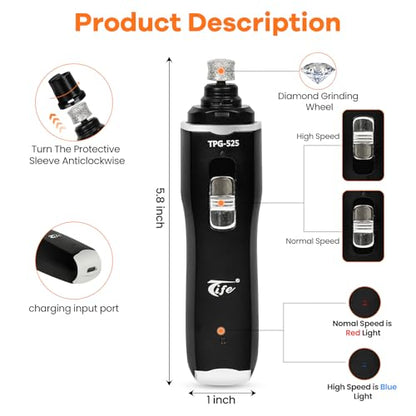 Tife Dog Nail Grinder,2 Speed Electric Rechargeable Dog Nail Trimmer,Quiet and Low-Vibration Pet Nail Grinder,Painless Dog&Cat Grooming Supplies for Large Medium Small Pets - color: Black-525