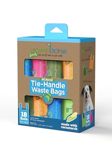Greenbone BioBase Cat or Dog Poop Bags with Handles Tie, 18 Dispenser Rolls - 216 Bags- Large Leak Proof- Pink, Green, Orange, Blue Variety