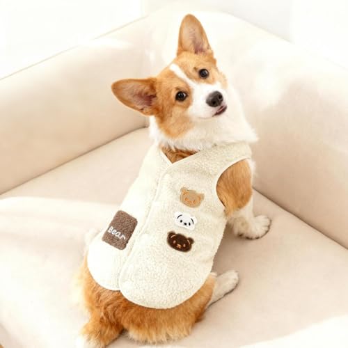 Dog Fleece Vest Sweater Button-Up Warm Pullover Step-in Dog Jacket with Bear Print, Winter Cold Weather Dog Coat Clothes Hoodie for Small Medium Dogs Puppy Boy Girl(White, S(5 to 8 lbs)) - color: White, size: S(5 to 8 lbs)