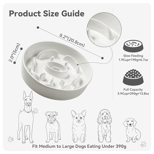Ceramic Slow Feeder Dog Bowl, 1.8 Cups Anti -Slip Slow Feeding Bowl to Slow Down Eating, 8.2 Inch Dog Food Dish for Medium to Large Breeds, White - color: White, size: Medium