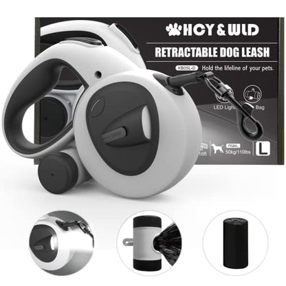 HCY&WLD Upgrade 4-in-1 Retractable Dog Leash with LED Light & Dispenser & Poop Bags, 16 ft Heavy Duty Dog Leash with Anti-Slip Handle for Dogs up to 110 lbs, 360° Tangle-Free, One Button Brake & Lock - size: Large