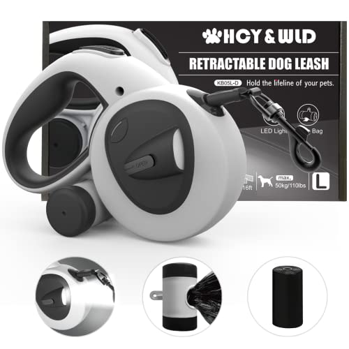 HCY&WLD Upgrade 4-in-1 Retractable Dog Leash with LED Light & Dispenser & Poop Bags, 16 ft Heavy Duty Dog Leash with Anti-Slip Handle for Dogs up to 110 lbs, 360° Tangle-Free, One Button Brake & Lock - size: Large