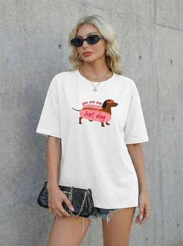 Aiyino Womens Funny Dog Graphic Tee Oversized Dog Lover Shirt | 100 Percent Cotton Soft Breathable Lightweight Everyday Comfort - color: Hot Dog White, size: XX-Large