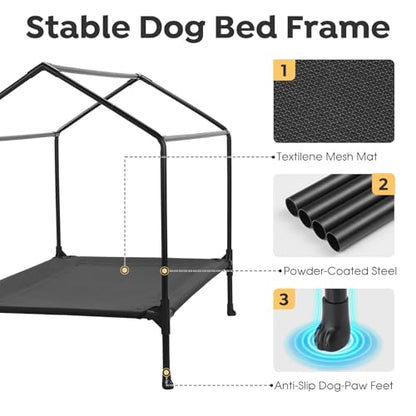 Veehoo 35" Dog House, 2-in-1 Large Dog House Outdoor Indoor Weatherproof, Outside Elevated Dog Cot Bed Dog Tent Shade, Three-Sided Breathable Mesh Windows and Sunshades, CWC2435CP