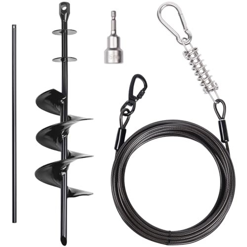 Heavy Duty Dog Tie-Out Cable and Stake for Yard Camping, with 30ft Heavy Duty Cable with Spring, for Small Medium Large Dogs up to 210 lbs, 360°Swivel Dog Run- No Tangle, Spiral Dog Stake (Black+30FT) - color: Black+30FT