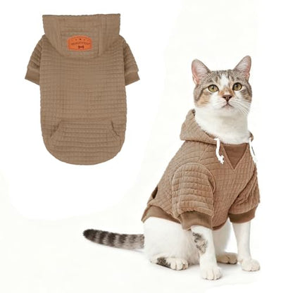 BEAUTYZOO Small Dog Hoodie Sweater with Pockets, Dog Clothes for Small Medium Dogs Boy Girl, Waffle-Like Laminated Cotton Pet Coats with Hat and Leash Hole, Khaki XXS - color: Khaki, size: XXS (Back: 8",Chest: 10", Neck: 7.5")