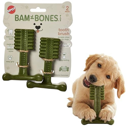 SPOT Bam-Bones Plus Toothbrush Dog Chew Toy 2-Pack for Small Dogs 10-30 lbs, Bamboo & Nylon Dental Chew with Mint & Baking Soda, T-Bone for Moderate to Heavy Chewers, 4 Inch - size: 4 Inch (Pack of 2)