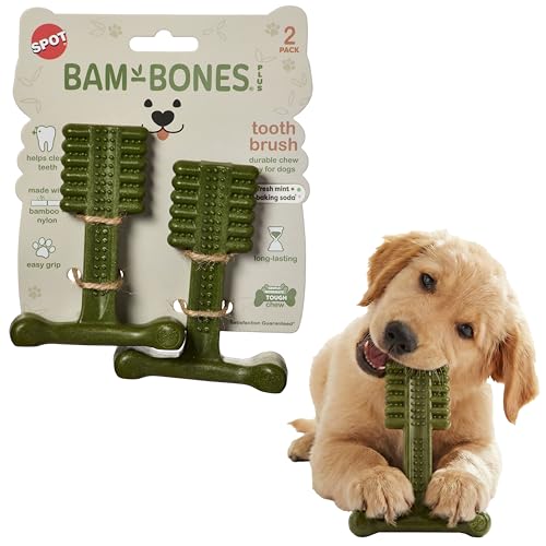 SPOT Bam-Bones Plus Toothbrush Dog Chew Toy 2-Pack for Small Dogs 10-30 lbs, Bamboo & Nylon Dental Chew with Mint & Baking Soda, T-Bone for Moderate to Heavy Chewers, 4 Inch - size: 4 Inch (Pack of 2)