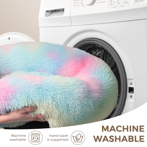 Calming Round Dog Bed & Cat Bed with Anti-Slip Bottom, Medium Size Washable Anti-Anxiety Donut Dog Beds for Small Dogs & Cats, Fluffy Plush Soft Dog Bed(24 Inch, Rainbow) - color: Rainbow, size: 24"l x 24"w x 8"th