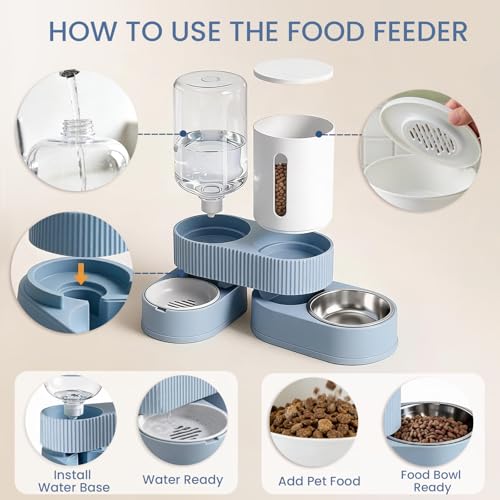 Gravity Cat Feeder and Water Dispenser 2 Pack Automatic Stainless Steel Feeder Bowls with Silicone Mat and Brush Set, Dry Food and Water Dispenser for Cats Small Medium Dogs(Blue) - color: Blue-With mat/brush