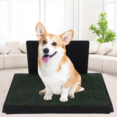 Dog Grass Pee Pads, Reusable Artificial Grass Potty Tray with 3 - Layer Drainage System, Easy to Clean Indoor Puppy Training Mat for Small Dogs, Includes Baffle and Tray (Large Size with Baffle) - size: Large Size with Baffle