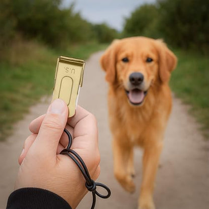 Mythrojan Brass and Steel Pet Training Clicker Puppy Dog Training Cricket Clicker U.S. Engraved WII Military Gear Metal Clicker (Clicker with Leather Gripper) - style: Clicker (with Leather Gripper)