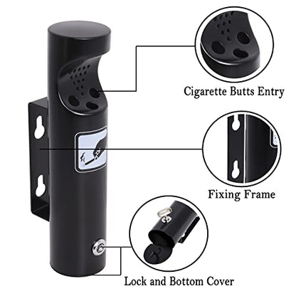 Wall Mounted Outdoor Waste Receptacle, Cendrier Extérieur, Stainless Steel Cylinder Butt Disposal, Commercial Trash Bin Container for Home, Patio, Bar, Commercial Use（Black,2pcs）
