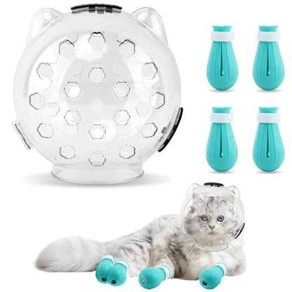 Cat Muzzle for Grooming, Adjustable Breathable Transparent Cat Astronaut Helmet with 4 Silicone Paw Shoes for Bath Nail Trimming (L for Over 10lbs Pets) - size: L (for Over 10lbs Pets)