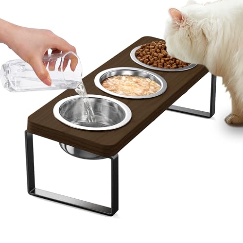 Elevated Cat Bowls with 3 Stainless Steel Bowls | 10° Tilted Anti-Vomiting Raised Cat Food Bowl for Small Cats and Puppies Pet Bowl with Stand（Walnut Color） - color: Walnut color