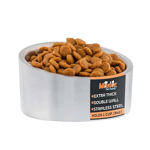 Master Pet Supply Stainless Steel Slanted Dog Cat Food Bowl - 8 oz Heavy Duty - Stainless Steel, Double Wall Insulated, Non-Slip Elevated Bowl for French Bulldogs Pugs Cats, Anti Rust Dishwasher Safe - color: Stainless Steel, size: 1 Cup (8 oz)