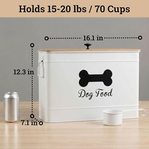 Dog Food Container Airtight 15-20 lb (70 Cup) Capacity with Metal Scoop - Cute Airtight Dog Food Storage Container with Bamboo Lid - White Metal Kibble Storage Bin for Dogs up to 100 lbs - Big Pet Jar - color: White