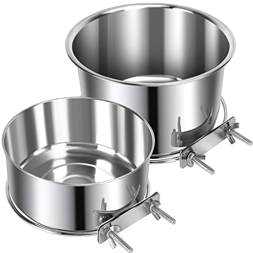 2 Pcs Large Pet Dog Food Water Bowl for Cage Stainless Steel Non-Spill Kennel Hanging Cats Bowls with Clamp Holder Crate Feeder Dish for Medium Large Dogs Huge Pets (7.1x3.5'' & 6.3x2.6'') - color: Silver, size: L (77 & 45 OZ)
