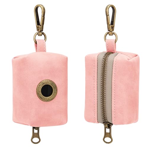 Didog Cute Dog Poop Bag Holder for Leash, Easy-Pull and Colorful PU Leather Dog Poop Bag Dispenser with Metal Clip, Includes 1 Roll Pet Waste Bag for Daily Walking,Pink - color: Pink